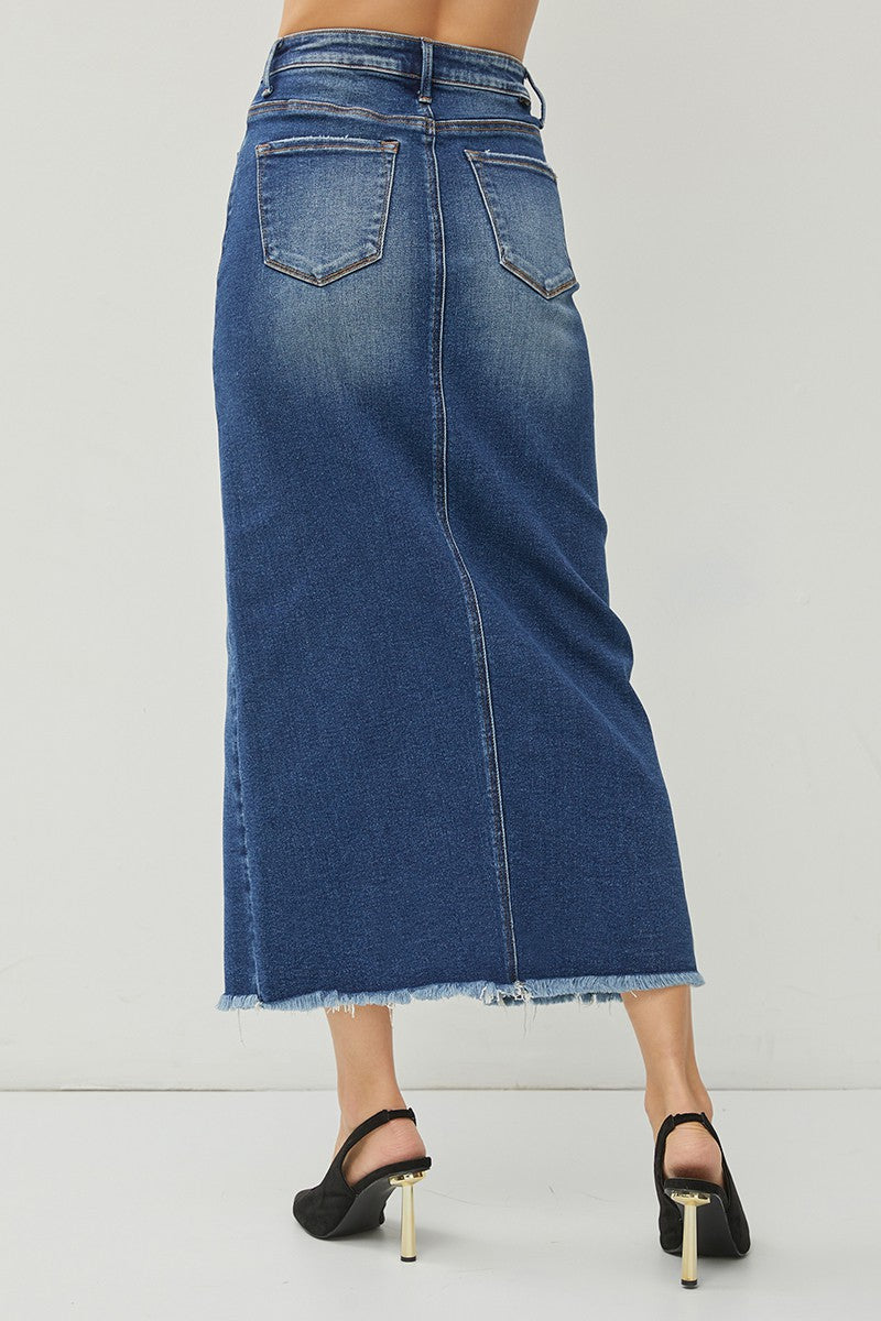 Risen High Rise Long Denim Skirt