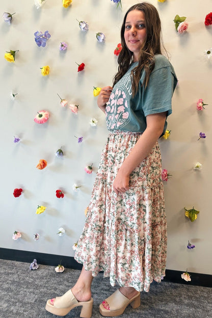 Floral Tiered Midi Skirt with Slit