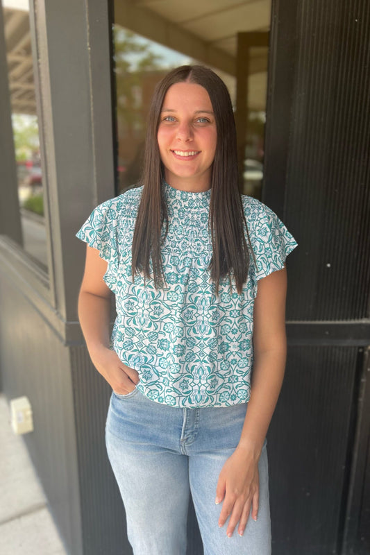 Mosaic Smocked High-Neck Blouse