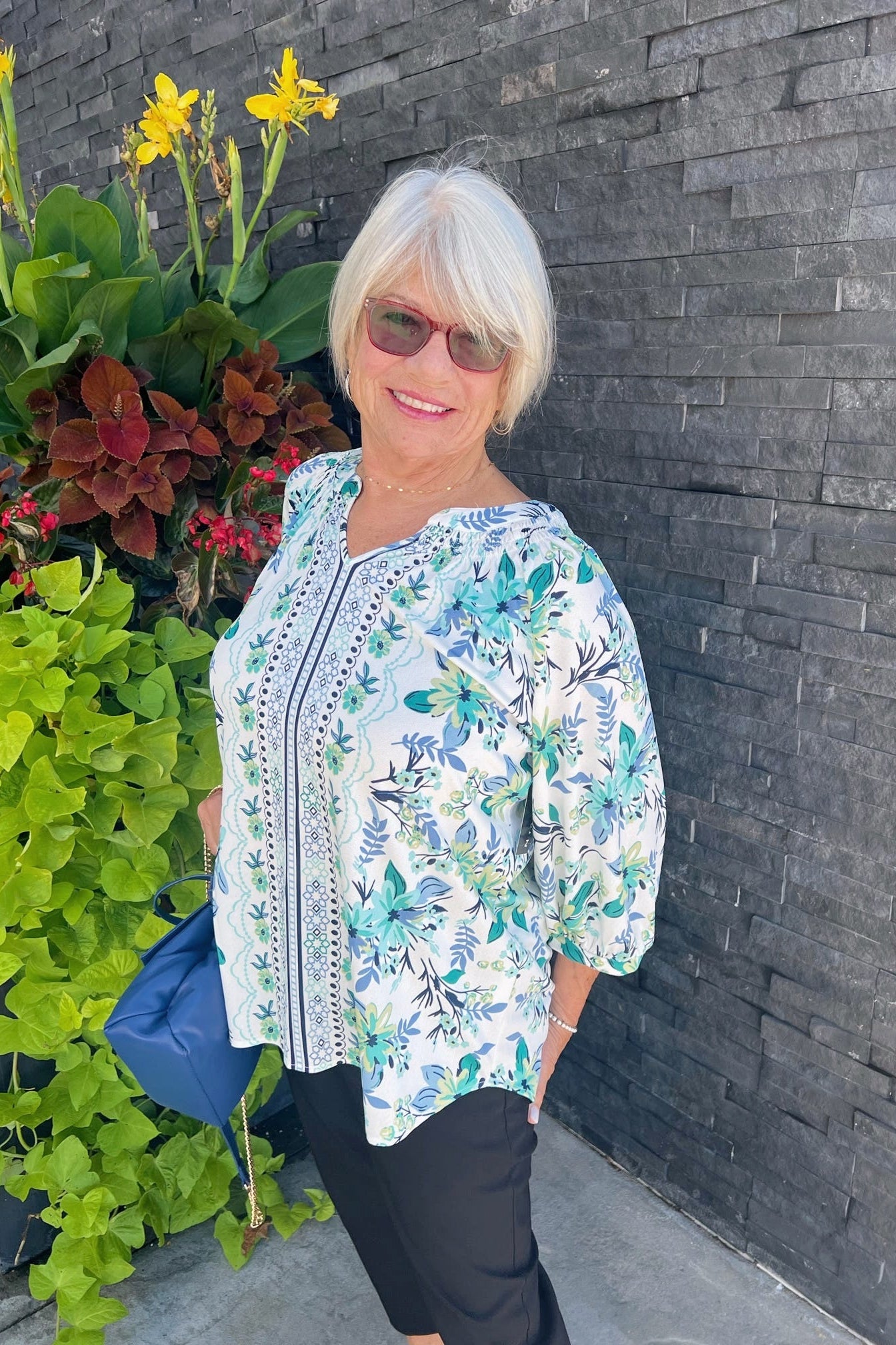 Elevated Boarder Print Top - Blue/Green