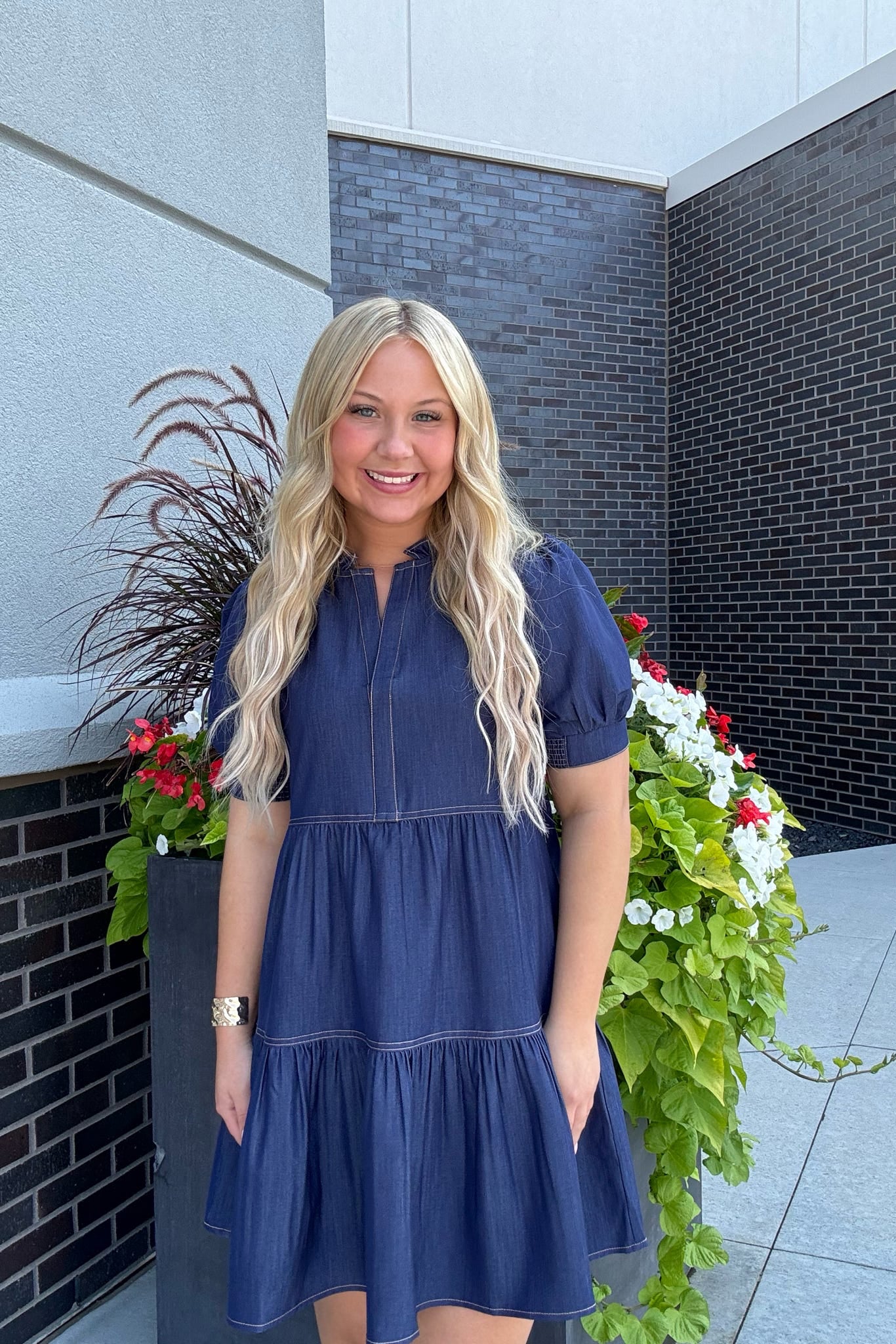 Denim Tiered Short Sleeve Mini Dress