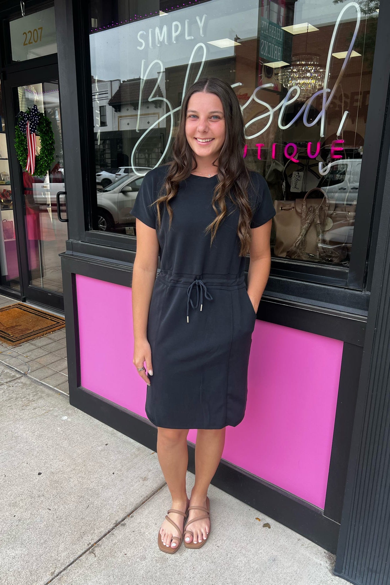 Black dress with waist band tie