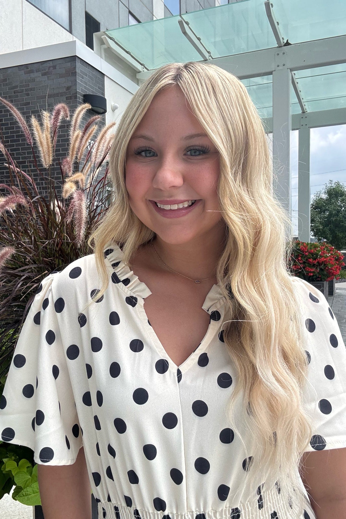 white and black polka dot dress