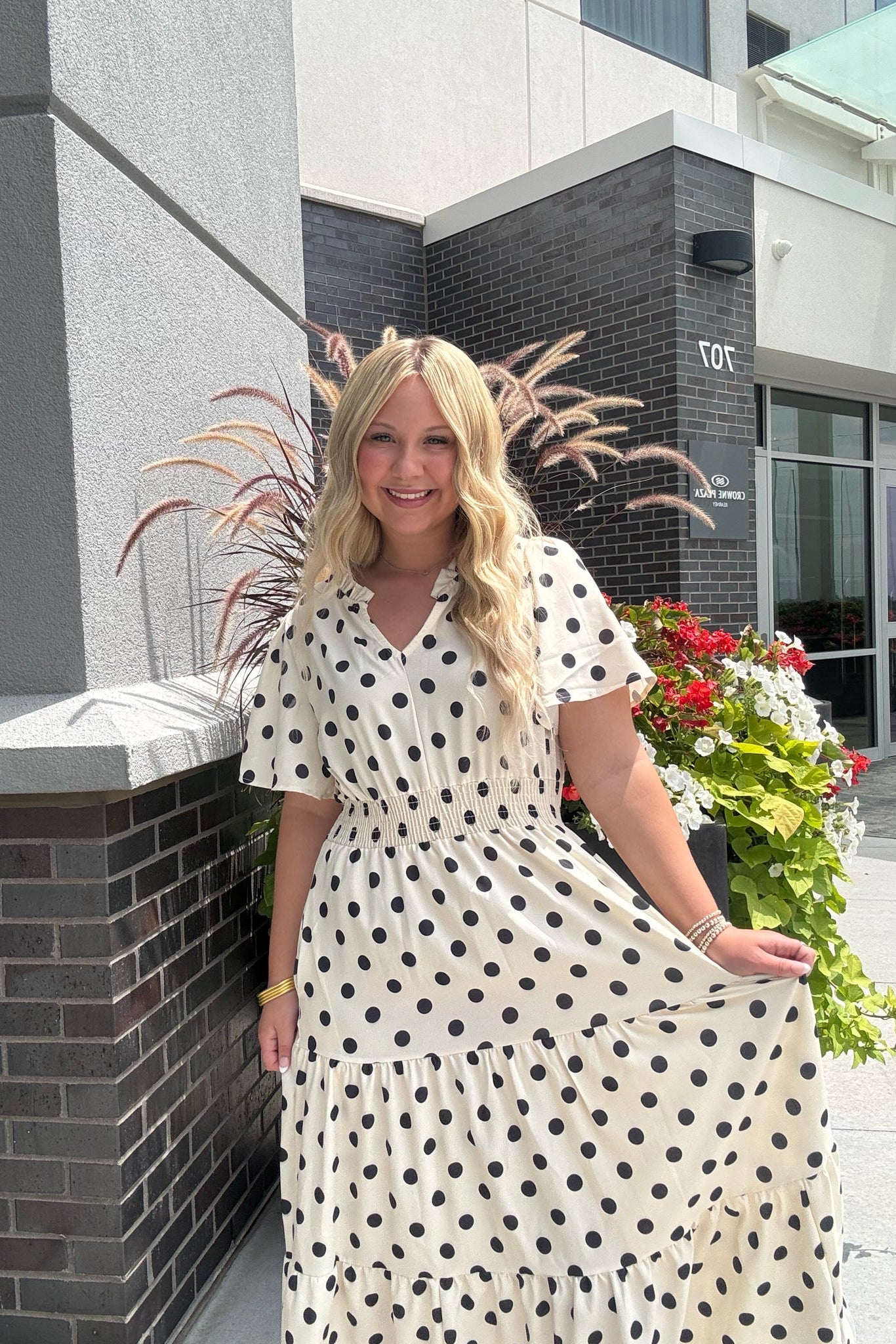 white and black polka dot dress