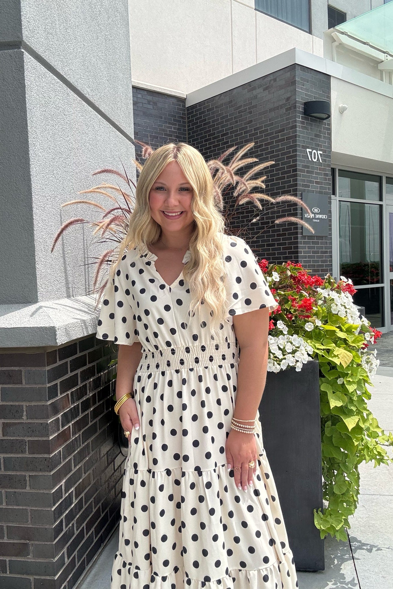 white and black polka dot dress