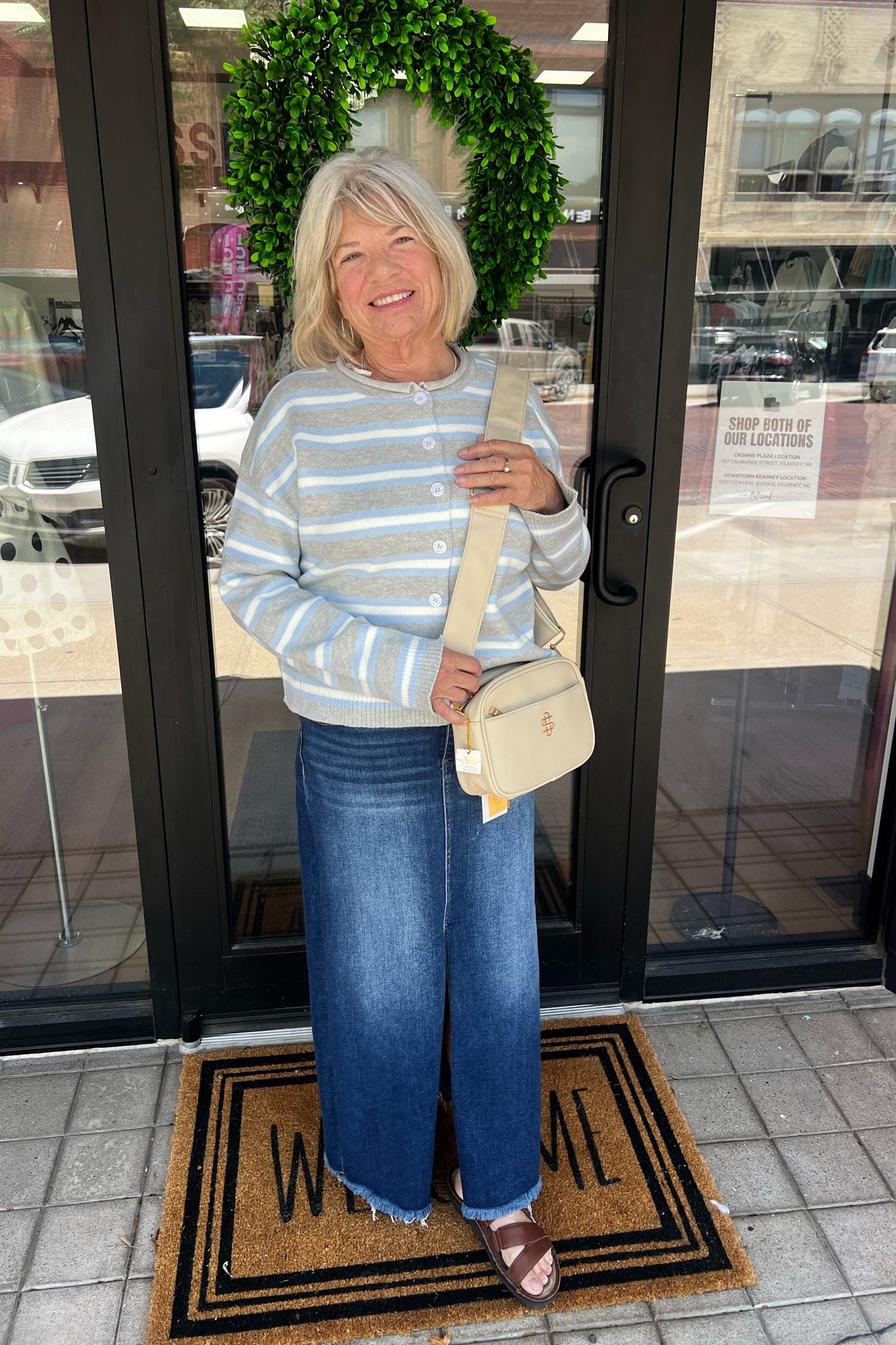grey white and blue striped cardigan sweater
