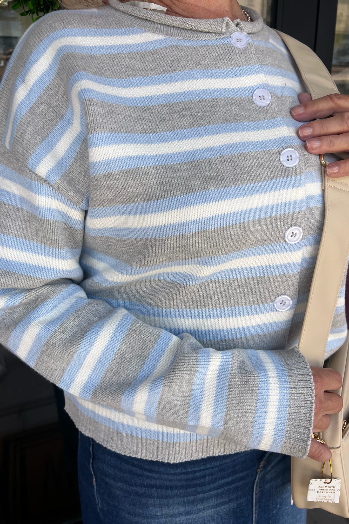 grey white and blue striped cardigan sweater