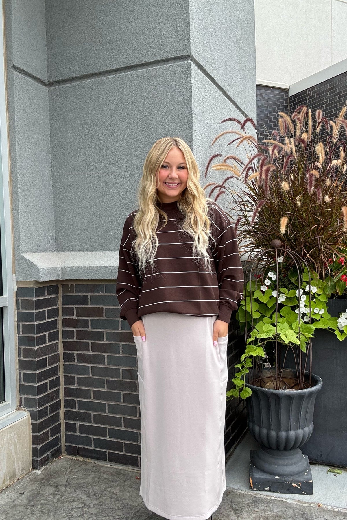 Striped Long Sleeve Top- Espresso/Cream