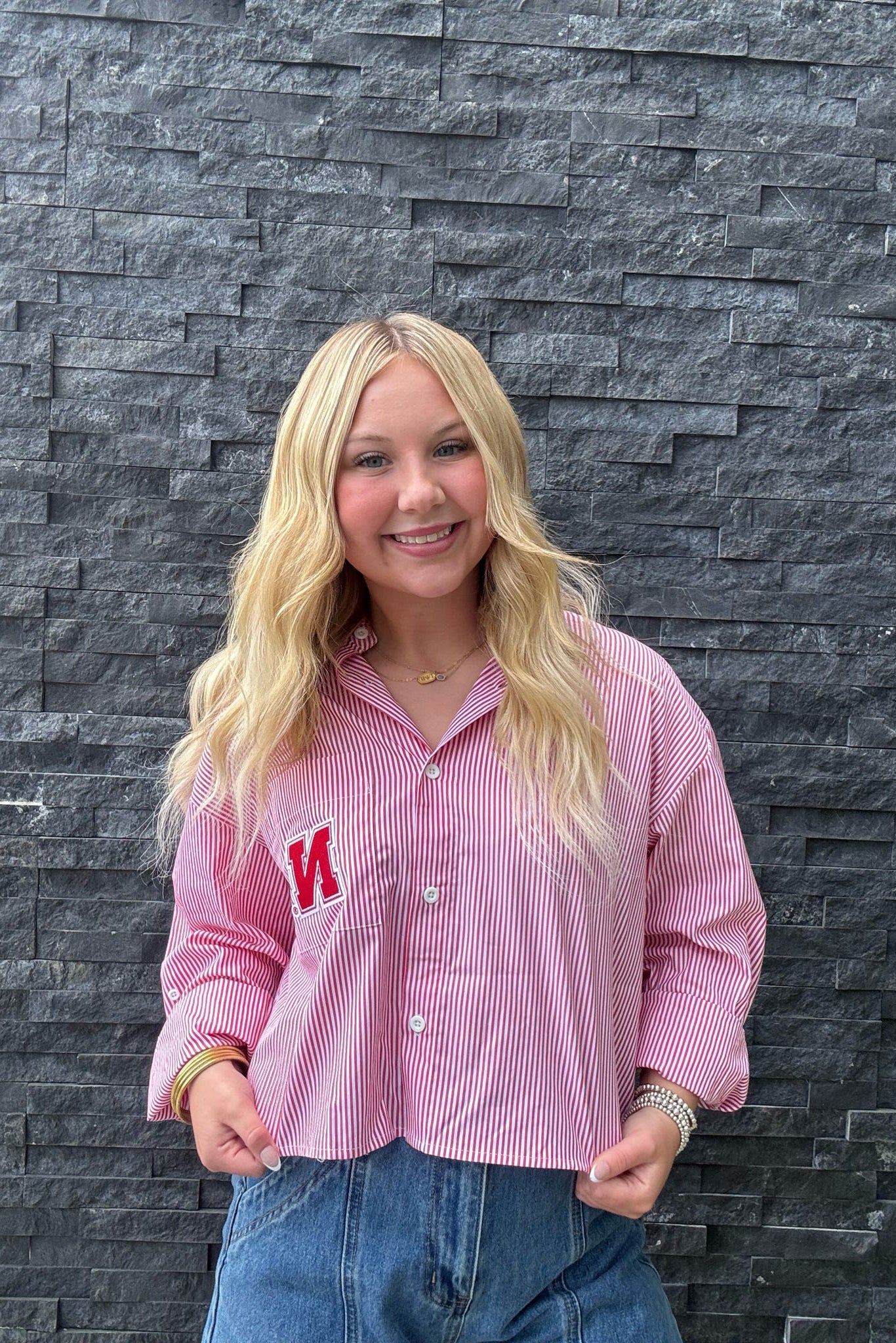 Nebraska Patch Striped Button Up