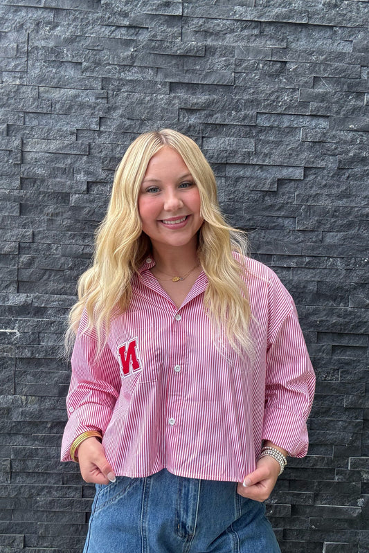 Nebraska Patch Striped Button Up