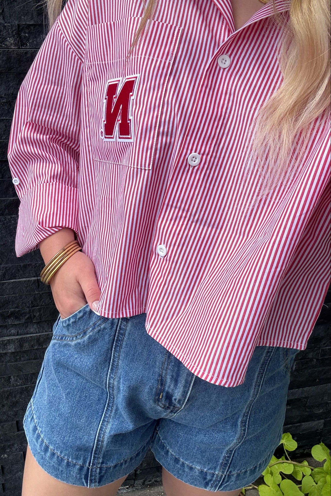 Nebraska Patch Striped Button Up