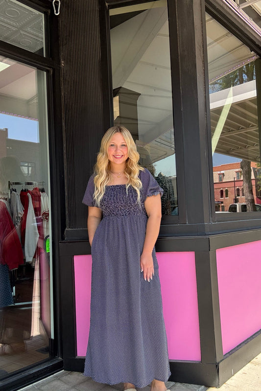 Smocked Polka Dot Maxi Dress