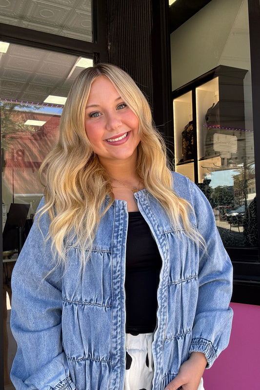 Ruched Seam Denim Bomber Jacket