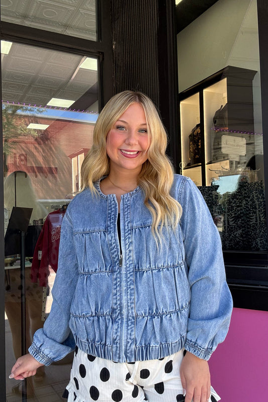 Ruched Seam Denim Bomber Jacket