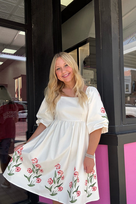 Las Floral Print Puff Sleeve Babydoll Dress