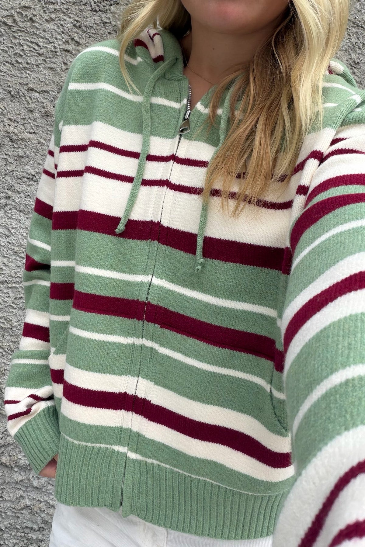 Sage & Burgundy Striped Zip Up