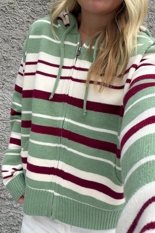 Sage & Burgundy Striped Zip Up