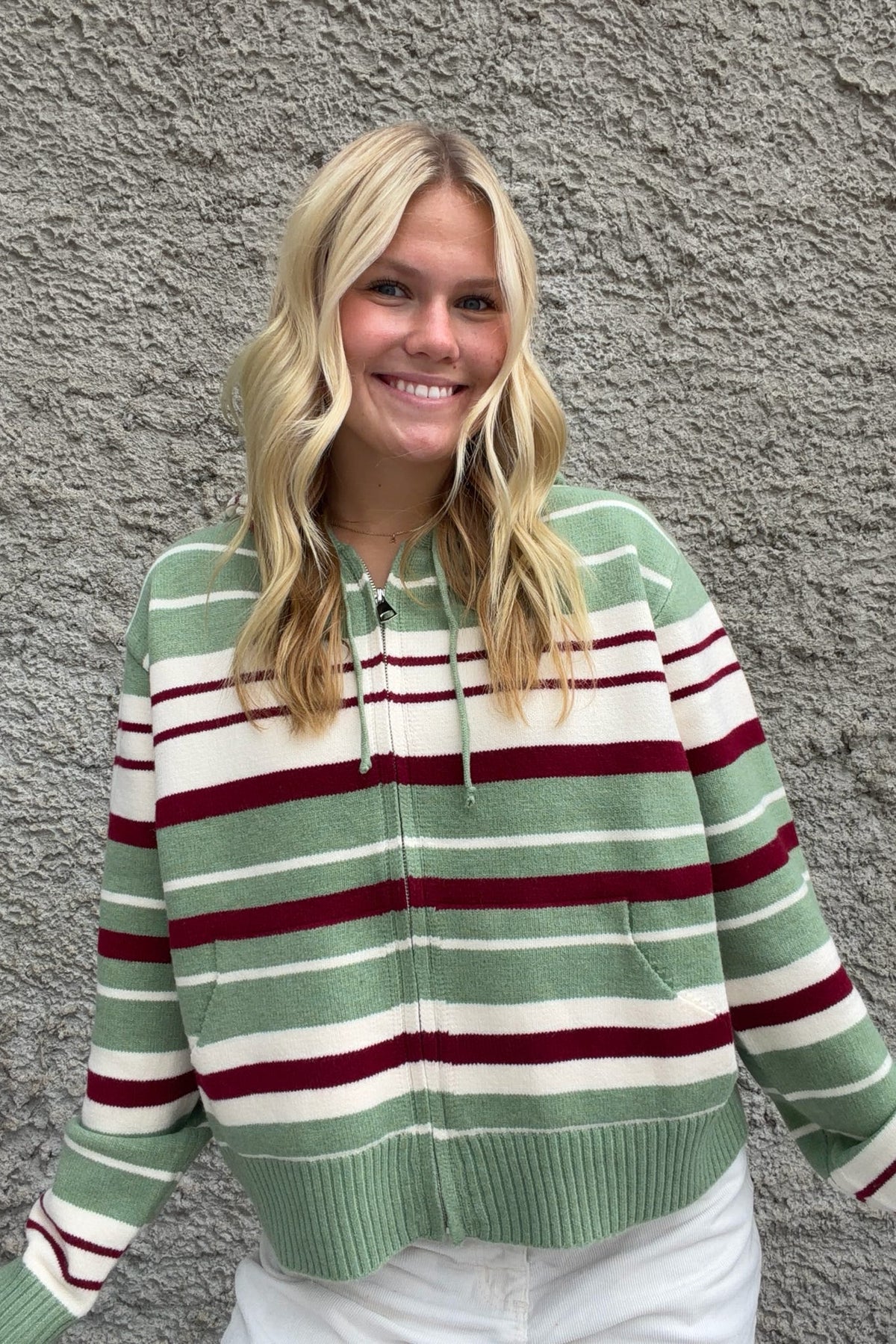 Sage & Burgundy Striped Zip Up