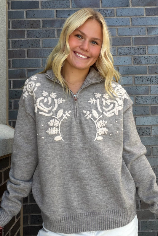 Grey Embroidered Quarter-Zip Sweater