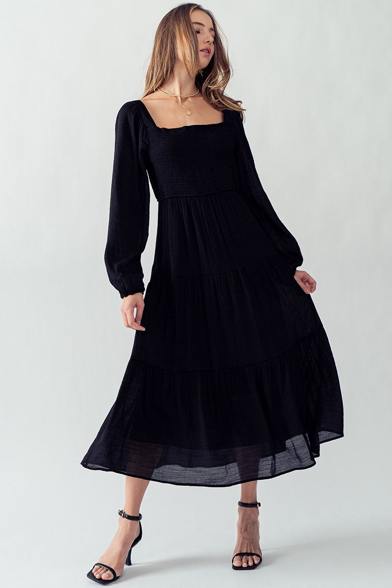 Black Smocked Tiered Midi Dress
