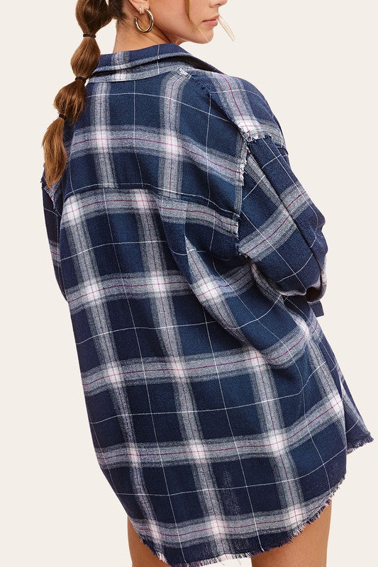 Basic Fall Button-Up Flannel - Navy Blue