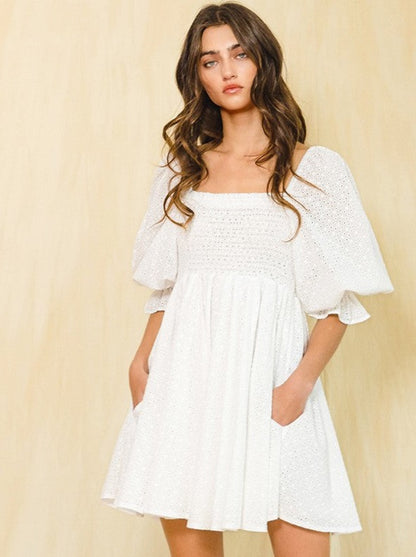 White Puff Sleeve Lace Dress