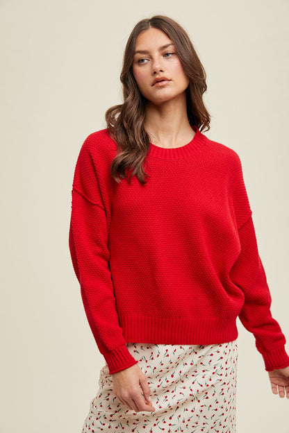 Textured Drop Shoulder Sweater - Red