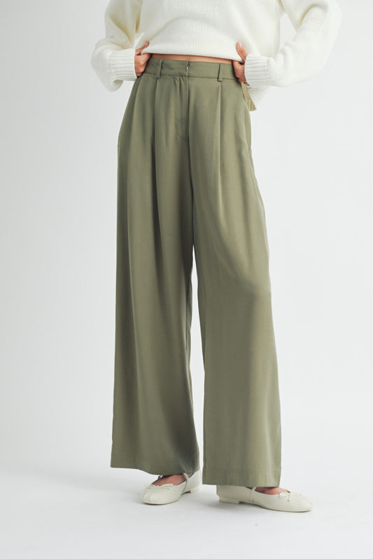 Pleated Olive Wide Leg Pants