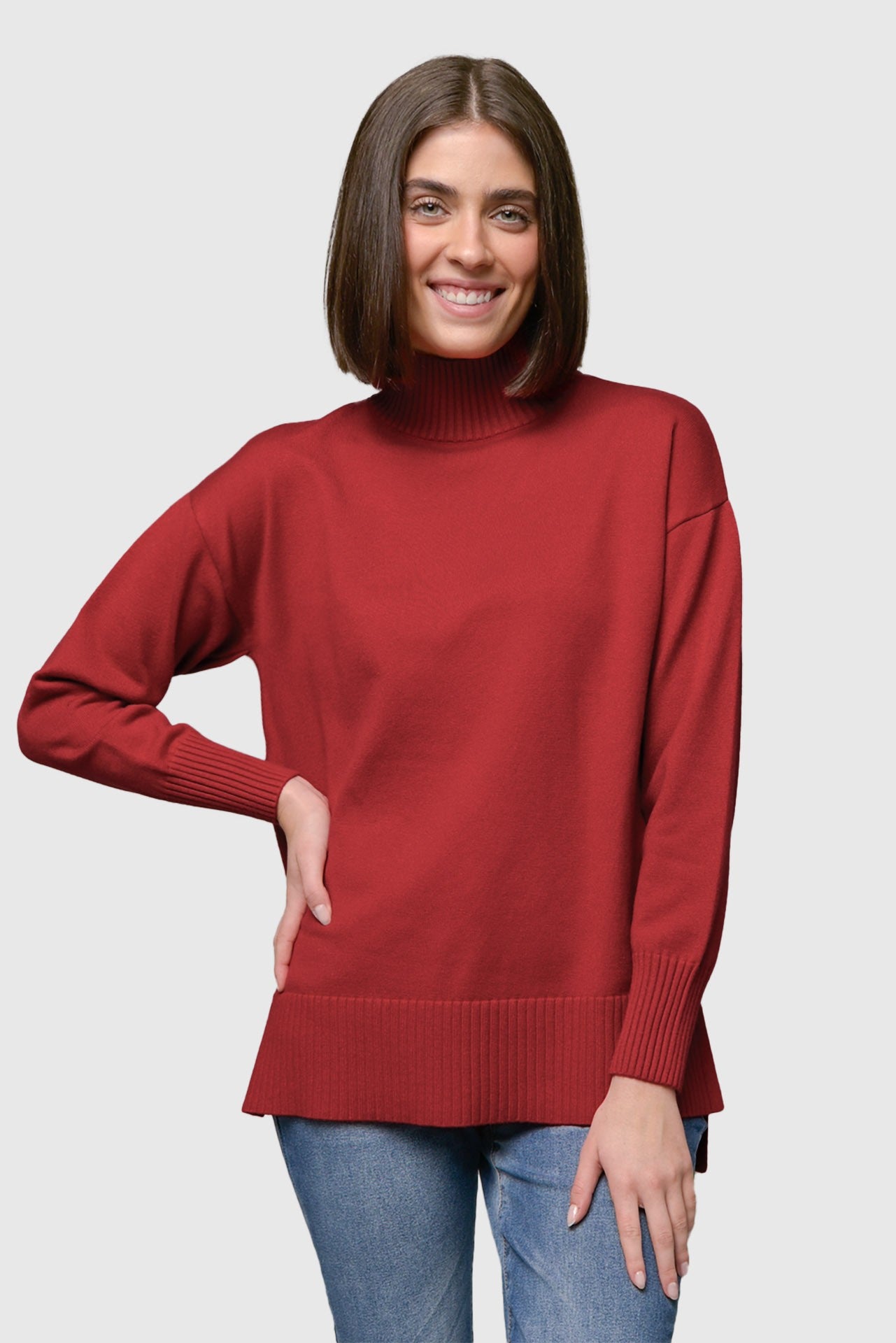 Mock Neck Tunic Sweater - Red