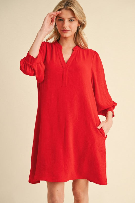Flowy V-Neck Dress - Red