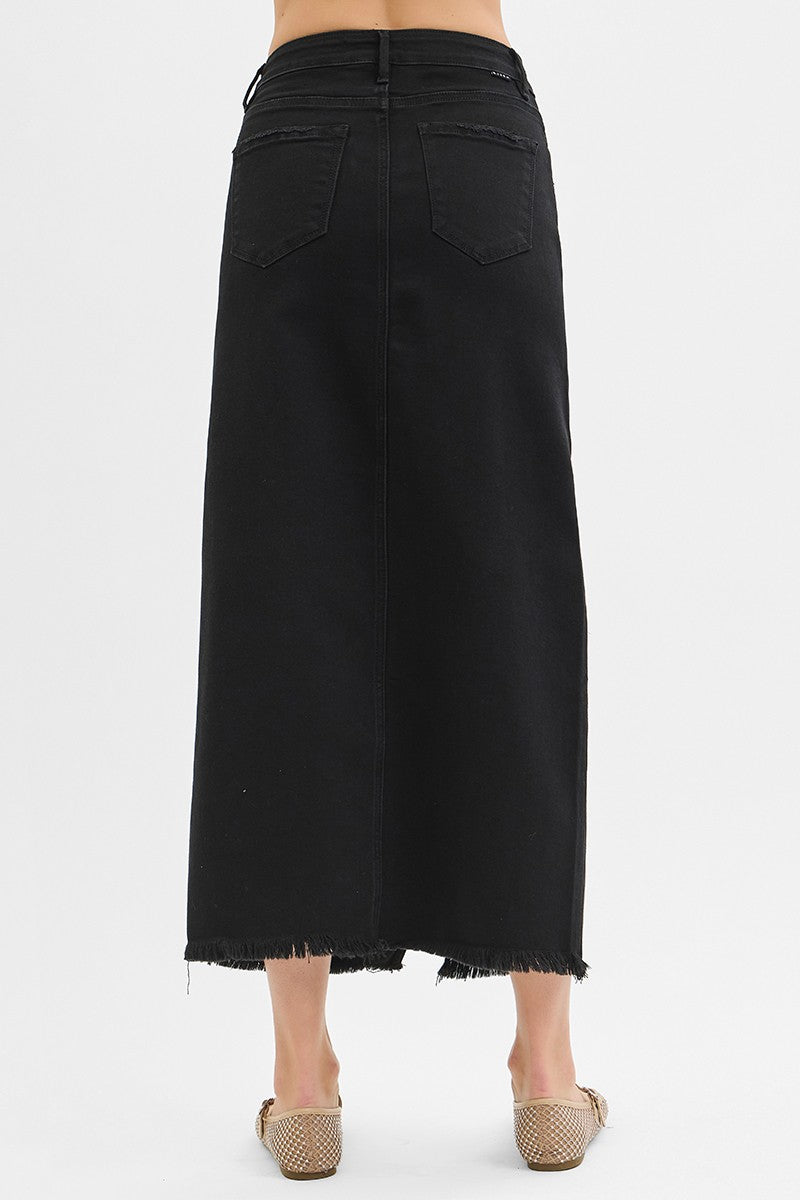 Risen Tummy Control High Rise Black Denim Skirt