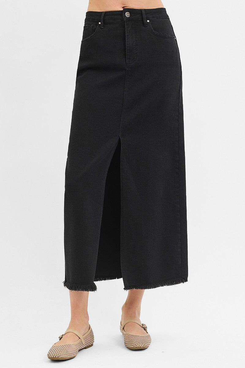 Risen Tummy Control High Rise Black Denim Skirt