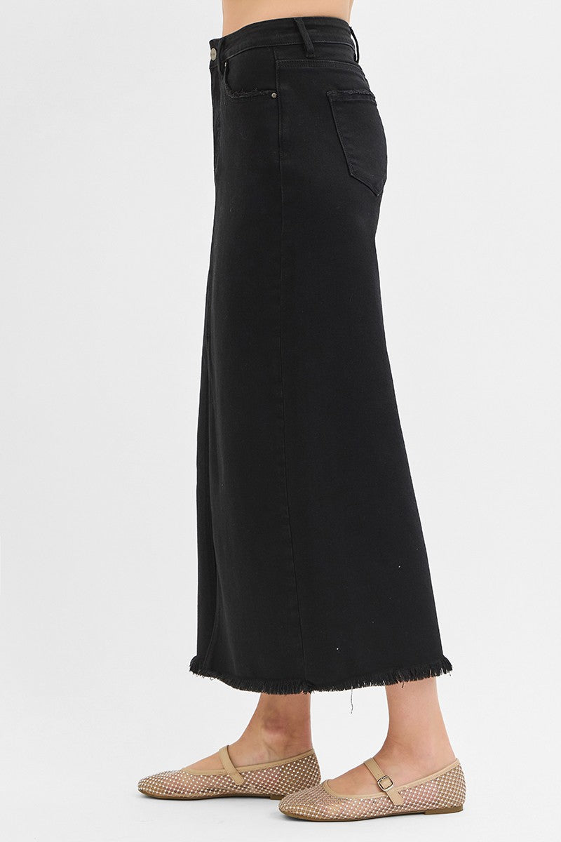 Risen Tummy Control High Rise Black Denim Skirt