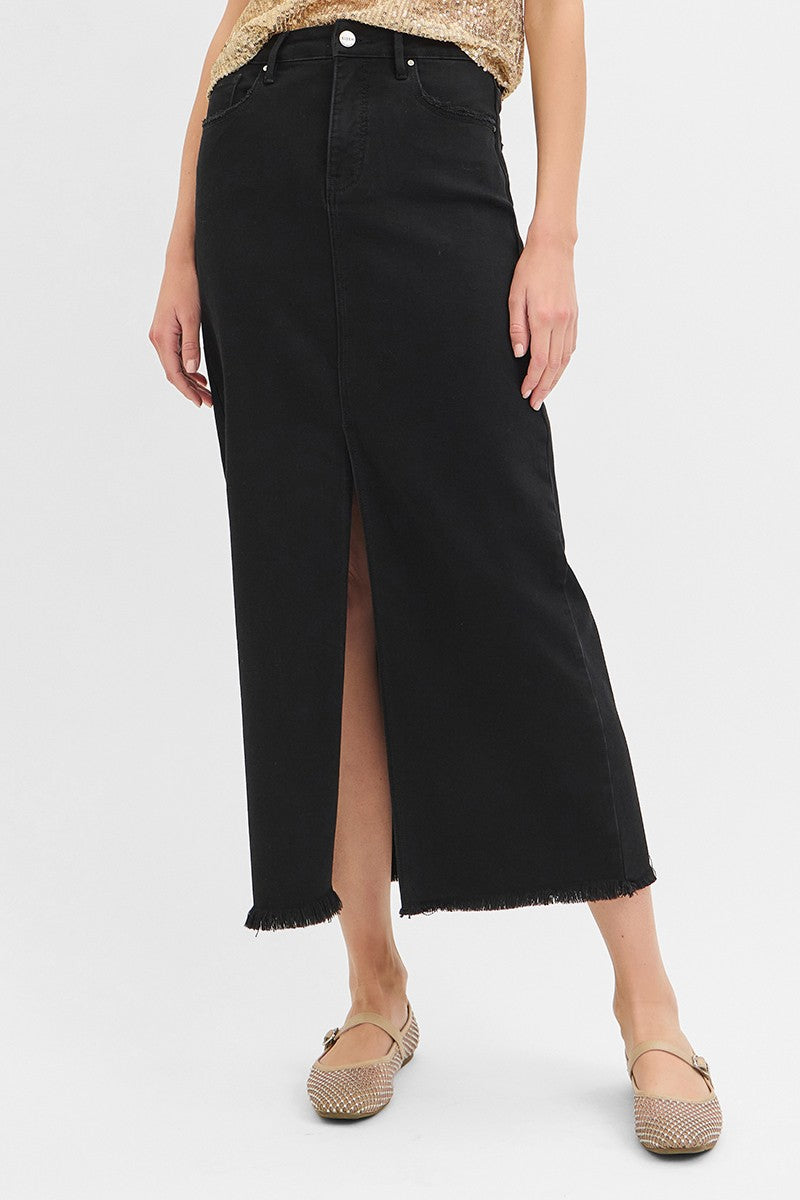 Risen Tummy Control High Rise Black Denim Skirt