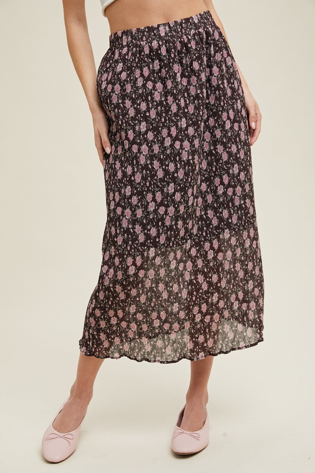 Floral Crinkle Midi Skirt