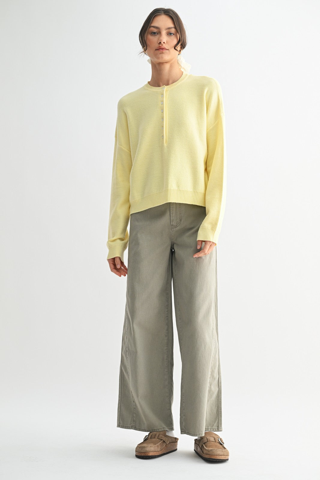 Henley Button Up Sweater - Lemon