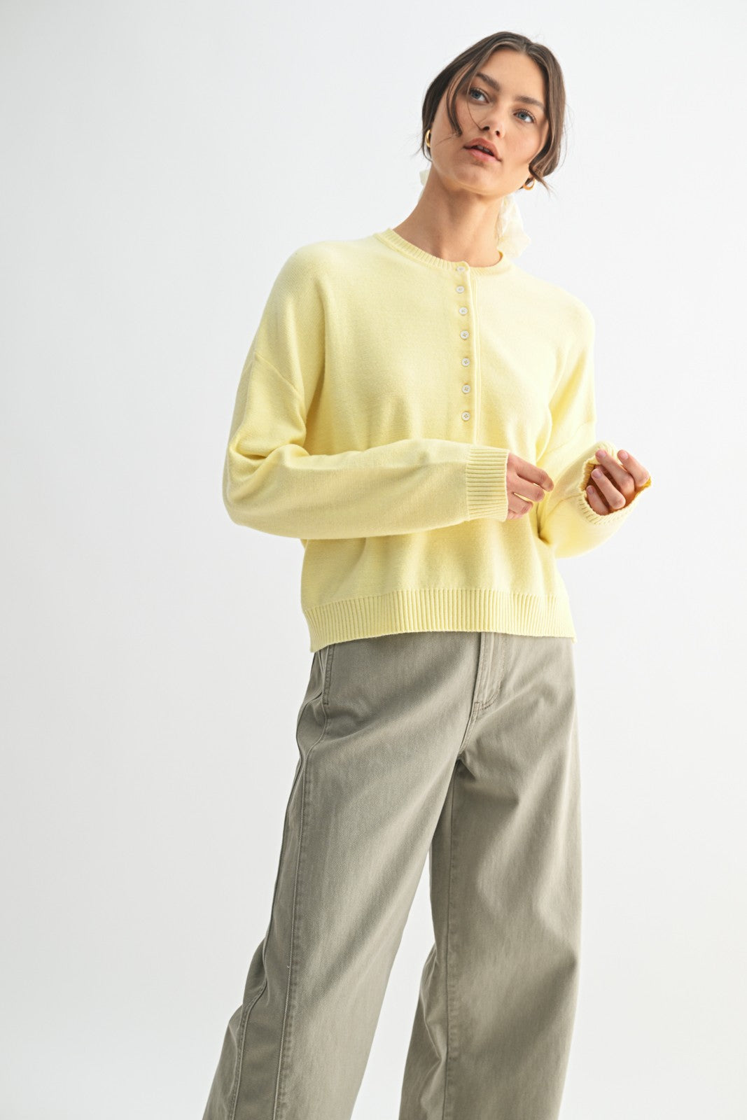 Henley Button Up Sweater - Lemon