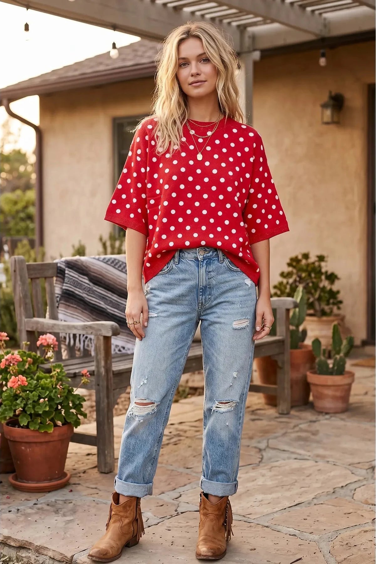 Oversized Polka Dot Sweater Top - Red