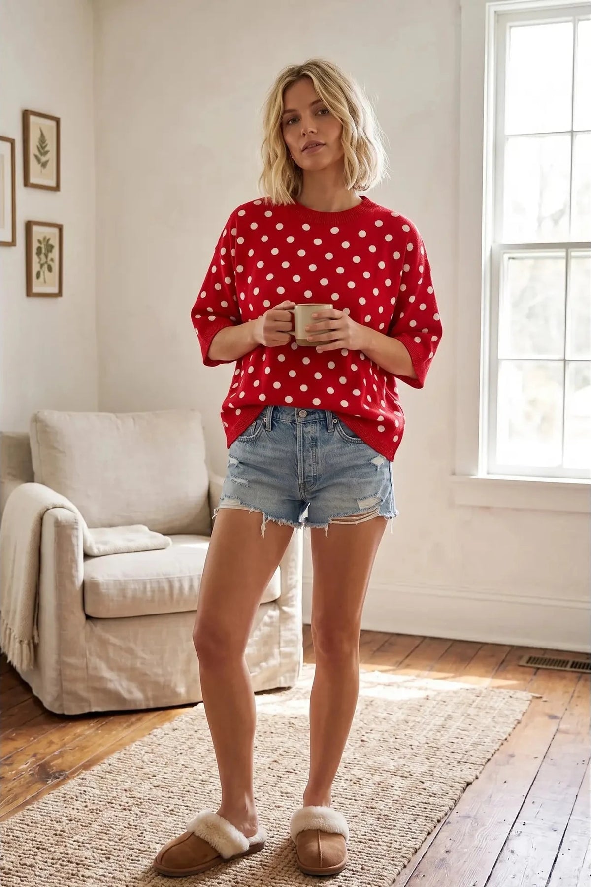 Oversized Polka Dot Sweater Top - Red