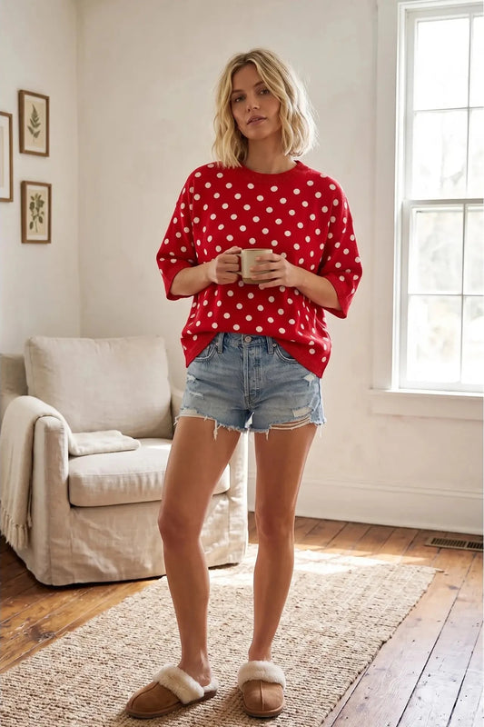 Oversized Polka Dot Sweater Top - Red