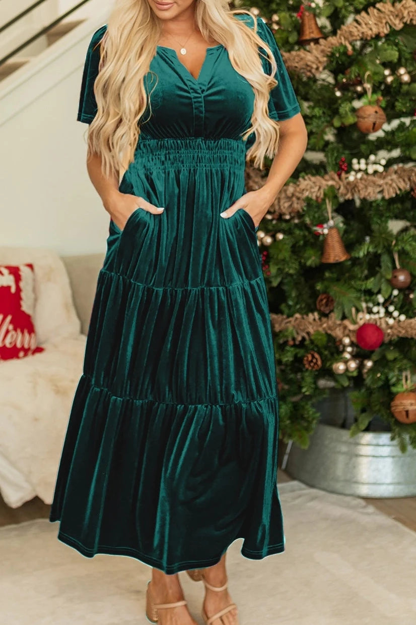 Tiered Velvet Maxi Dress - Evergreen