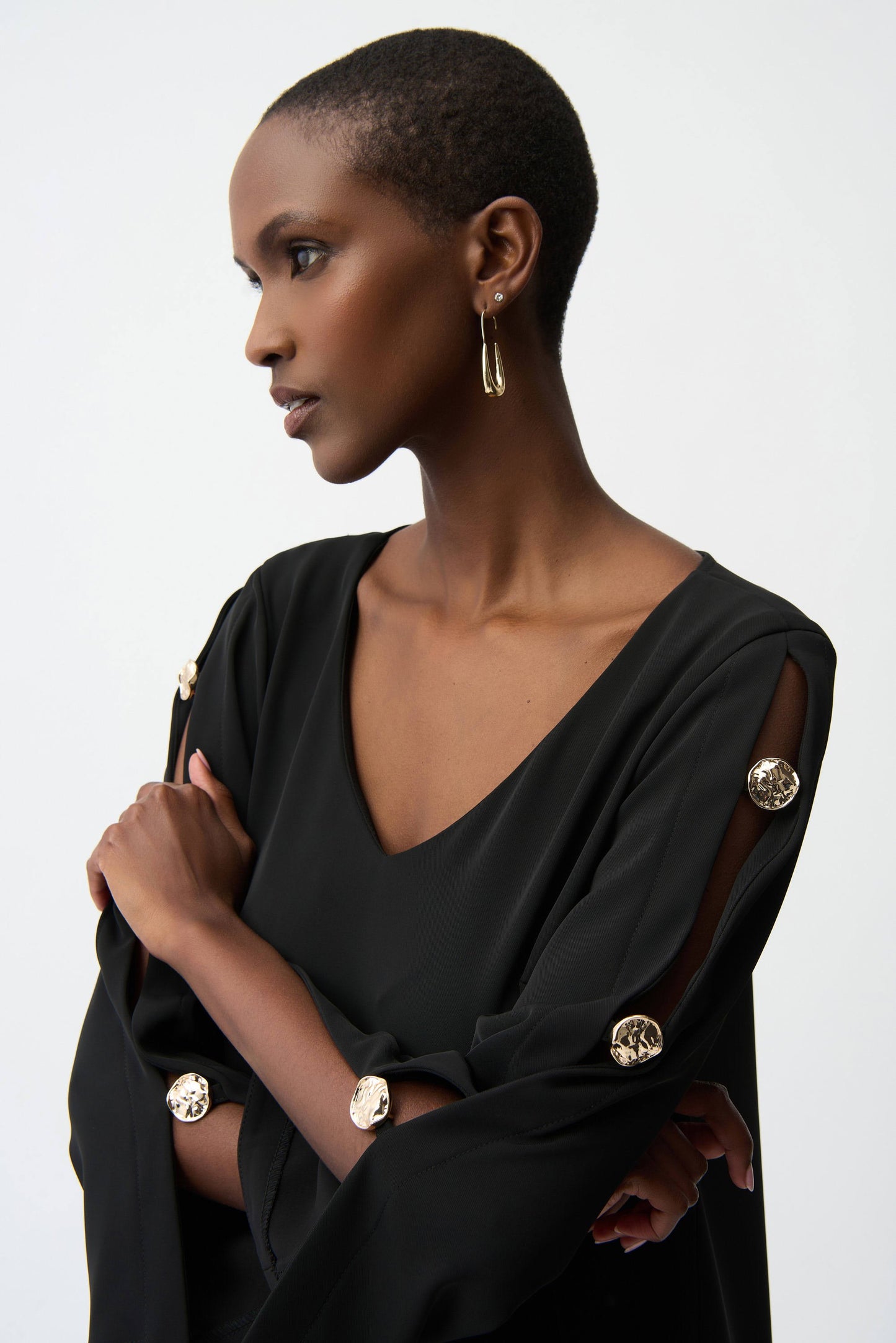 Woven Trapeze Dress with Gold Slit Sleeves Joseph Ribkoff