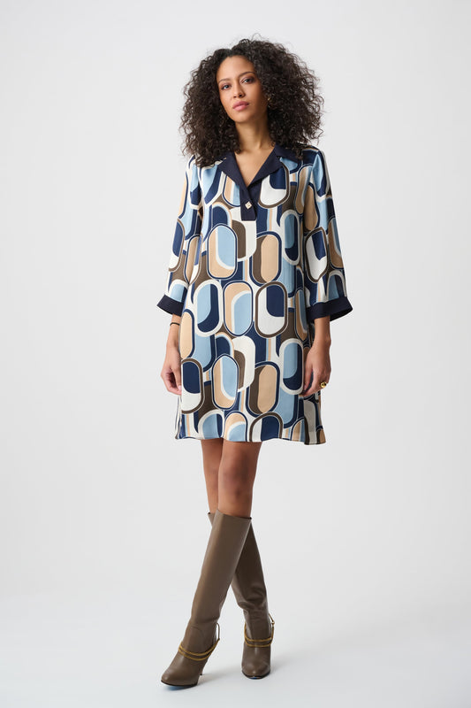 geometric dress with navy, blue, tan, white, and brown