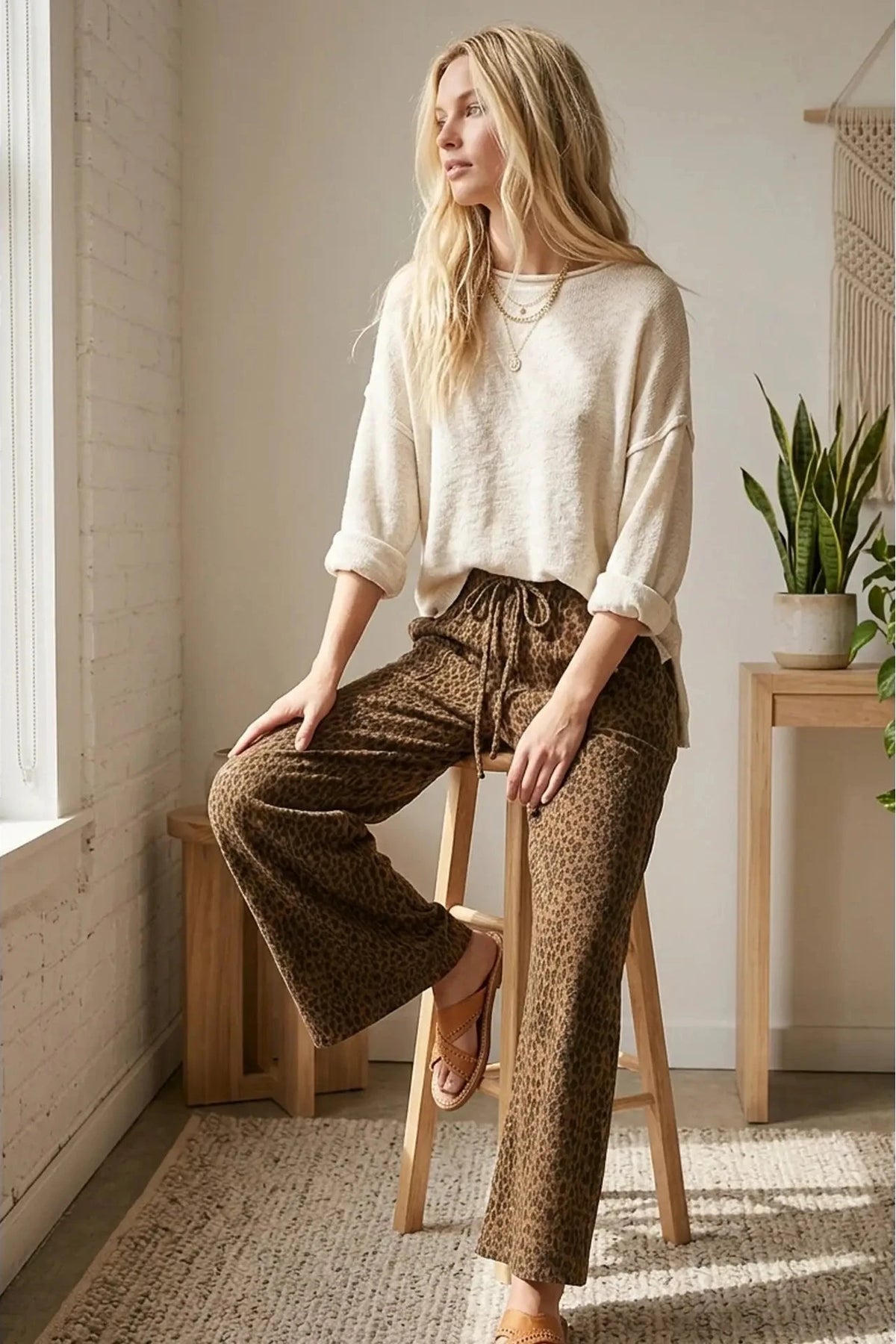 Leopard Wide Leg Drawstring Pants