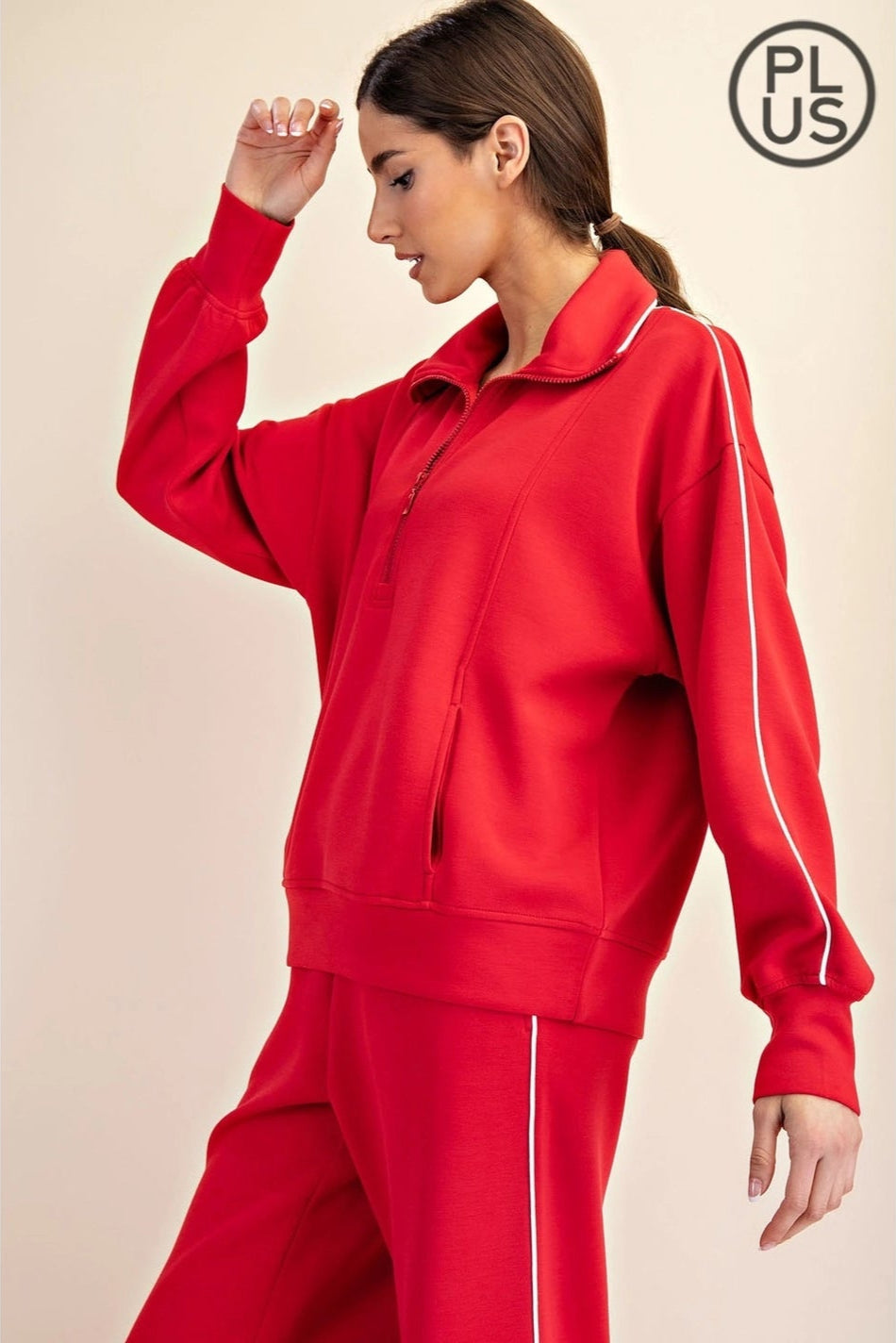 Plus Modal Poly Piping Quarter Zip Pullover