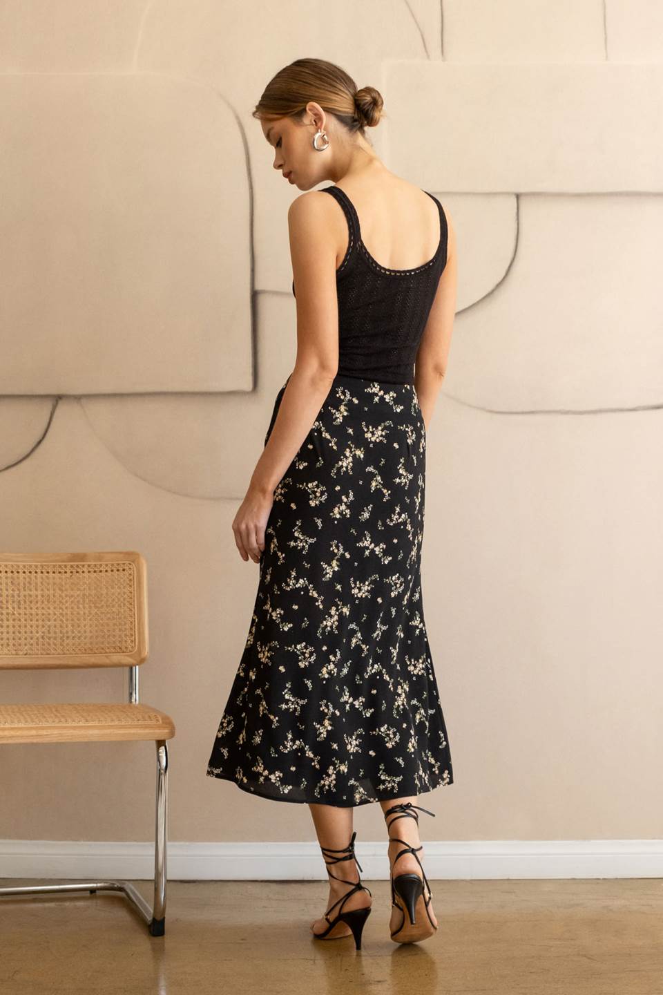 Floral Button Down Midi Skirt - Black