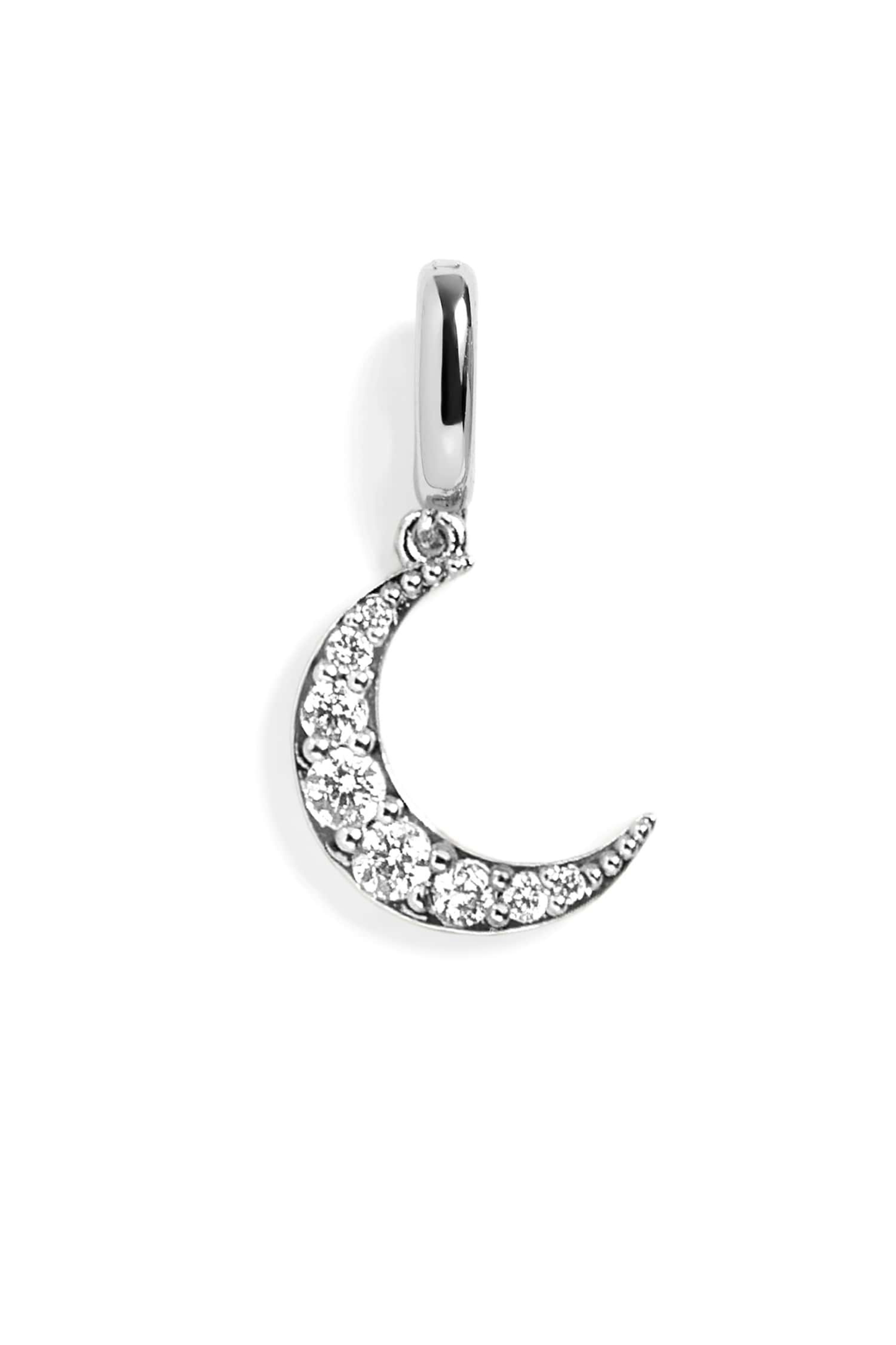 Silver crescent moon pendant with embedded stones on a white background