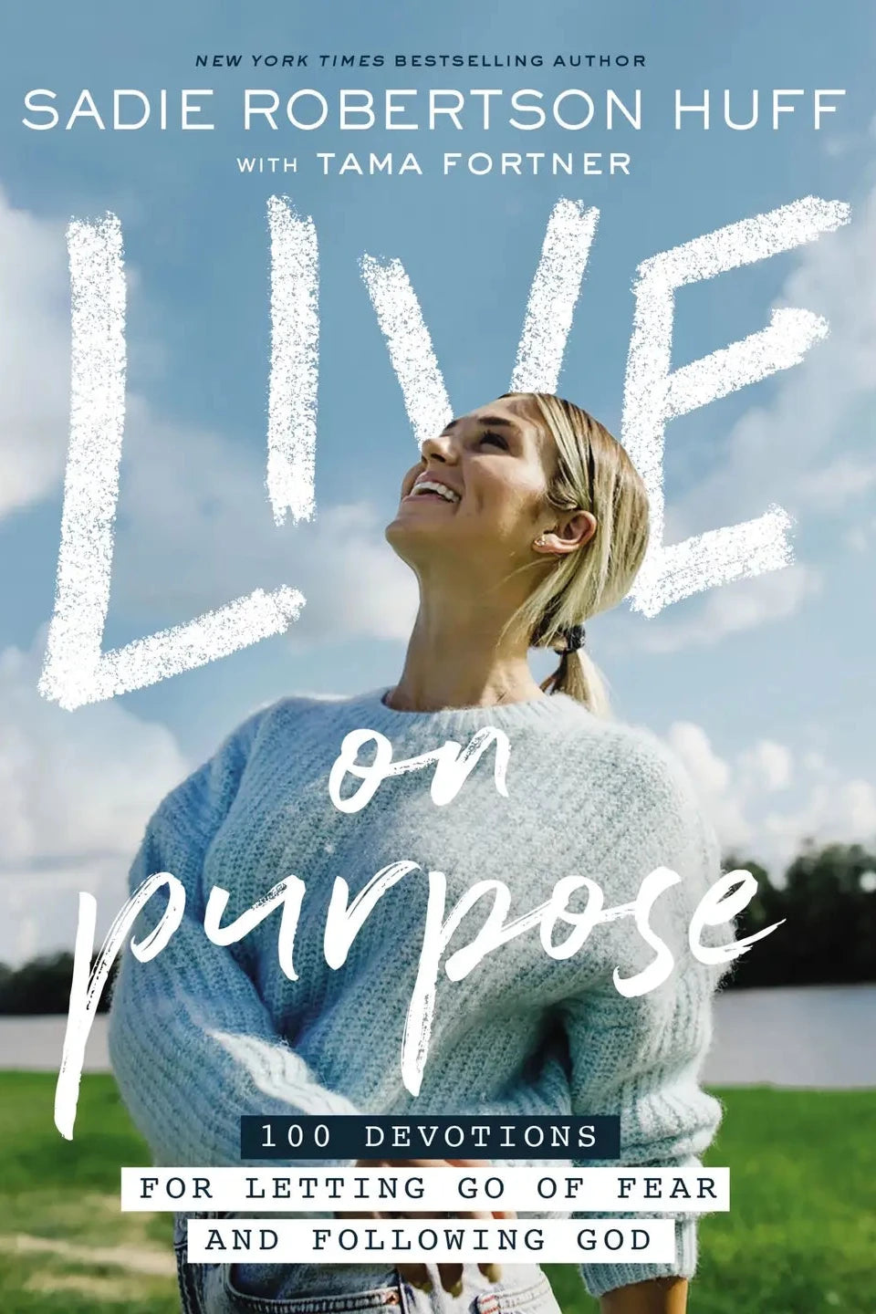 Book cover of 'Live on Purpose' with a woman in a blue sweater against a scenic background