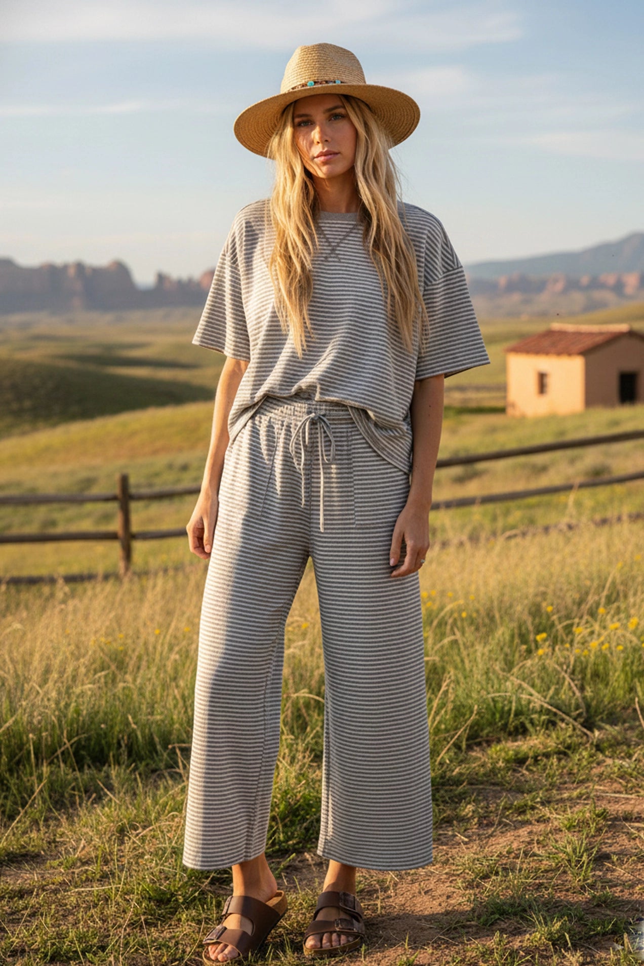 Striped Knit Top and Pants Set - Grey/White