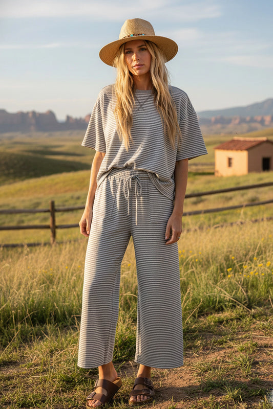 Striped Knit Top and Pants Set - Grey/White